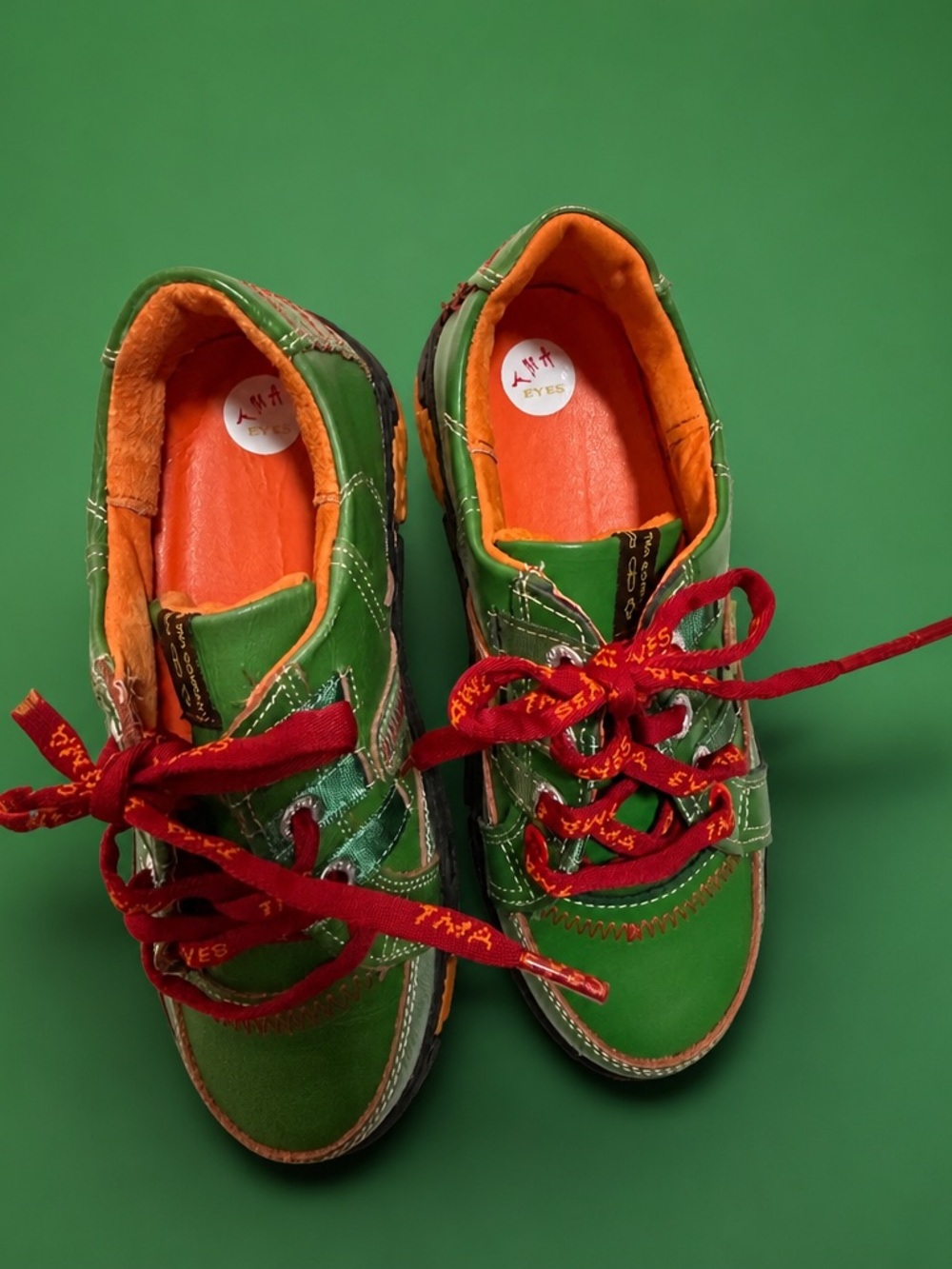 Kids Green Lace-Up Sneakers with Red Laces and Orange Lining